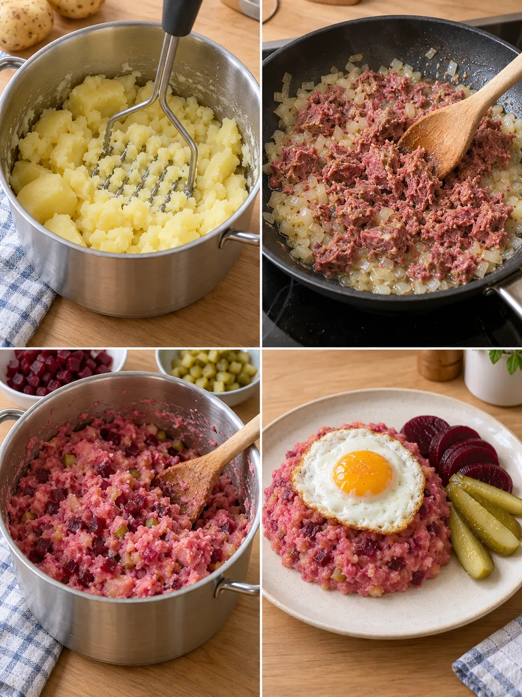 Labskaus beim Kartoffelstampfen, Erwärmen, Vermischen und fertig mit Spiegelei