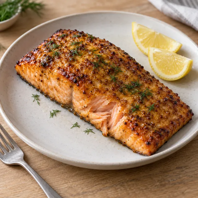 Lachs mit goldbrauner Honig-Senf-Glasur, Dill und Zitronenspalten auf einem hellen Teller