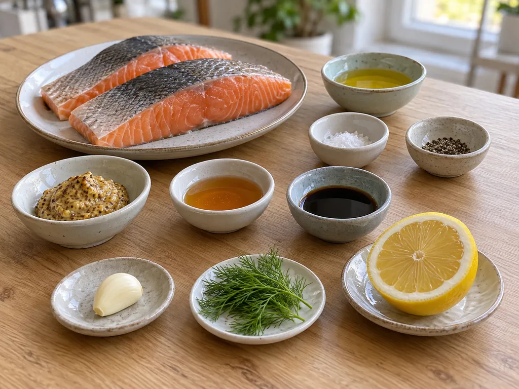 Lachsfilets, Senf, Honig, Sojasoße, Öl, Knoblauch, Gewürze, Dill und Zitrone