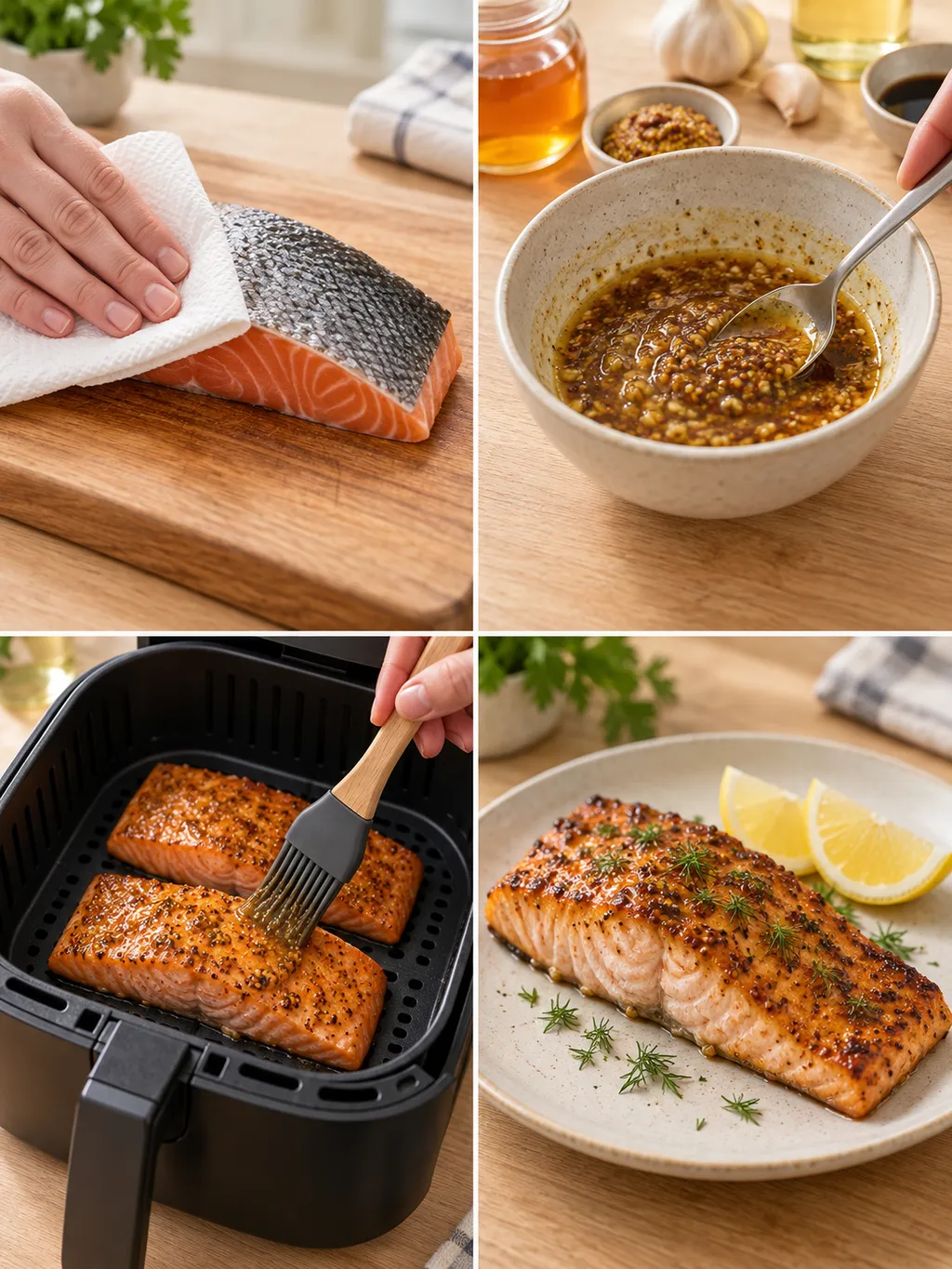 Lachs trocknen, Honig-Senf-Glasur rühren, Filets bestreichen und gegart mit Dill servieren