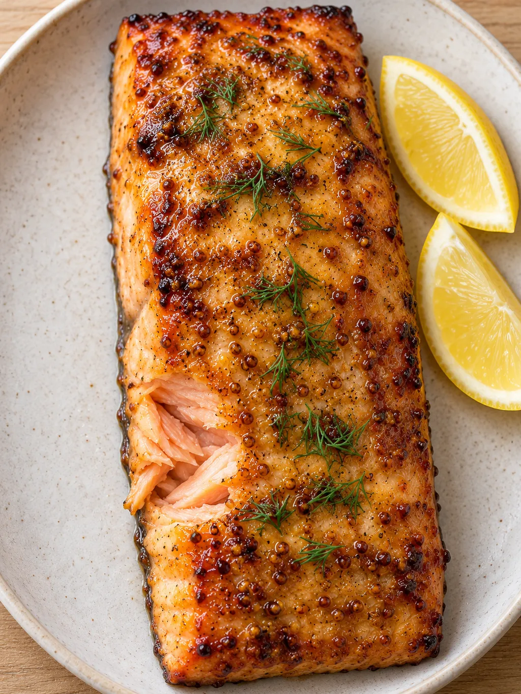 Lachs mit gebräunter Honig-Senf-Kruste, frischem Dill und Zitrone