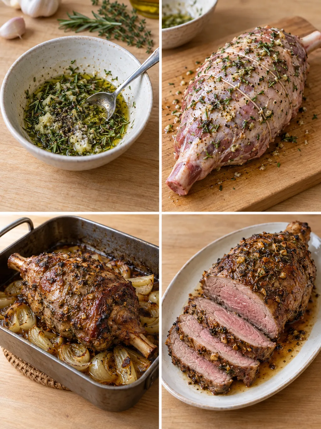 Kräutermischung, Einreiben der Lammkeule, Ofenbraten und fertig aufgeschnittenes Fleisch