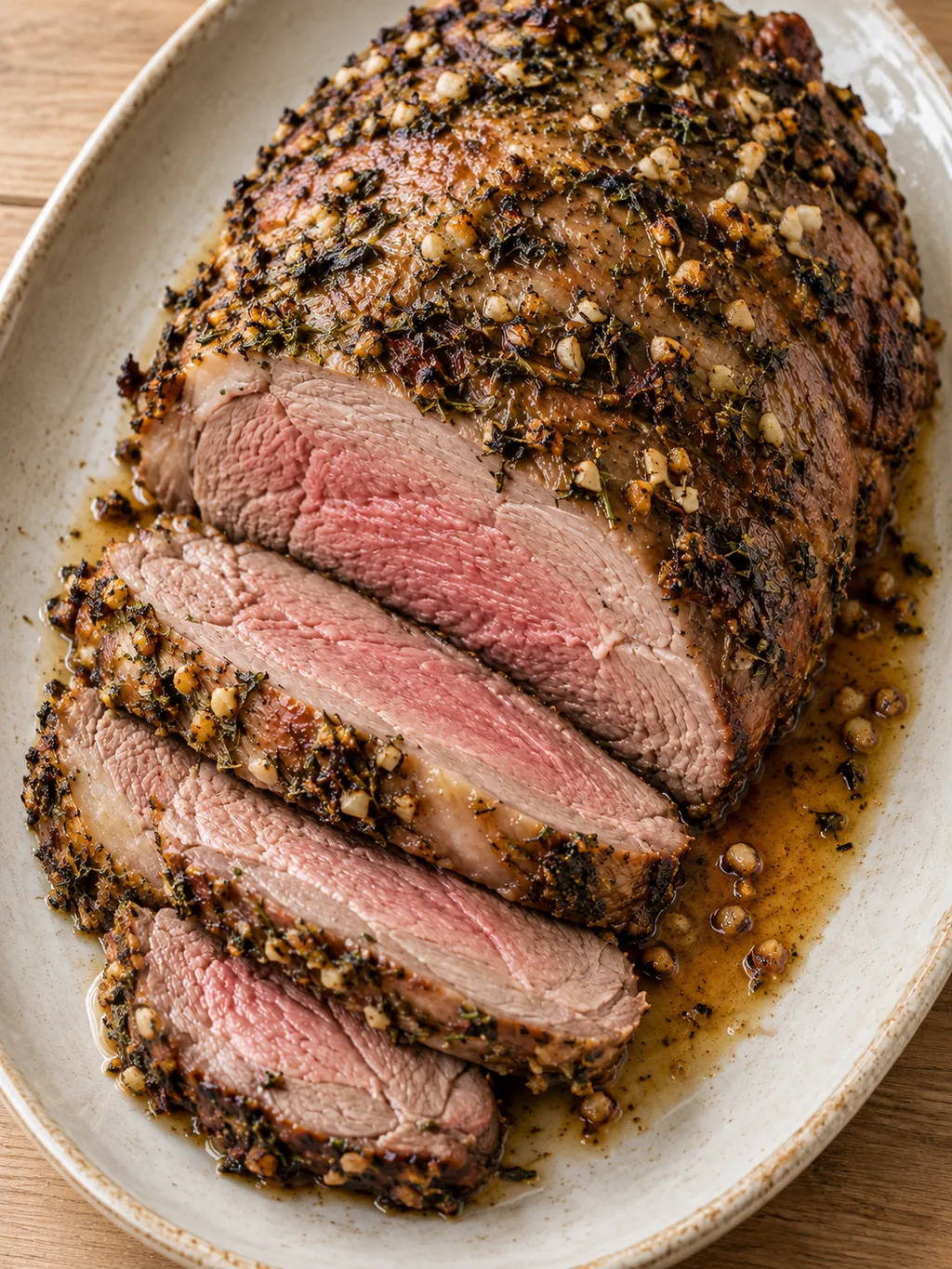 Saftige Scheiben vom Lammbraten mit Knoblauchkruste, Rosmarin, Thymian und Bratensauce