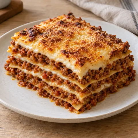 Lasagne mit Bolognese, hellen Béchamelschichten und goldbrauner Parmesankruste