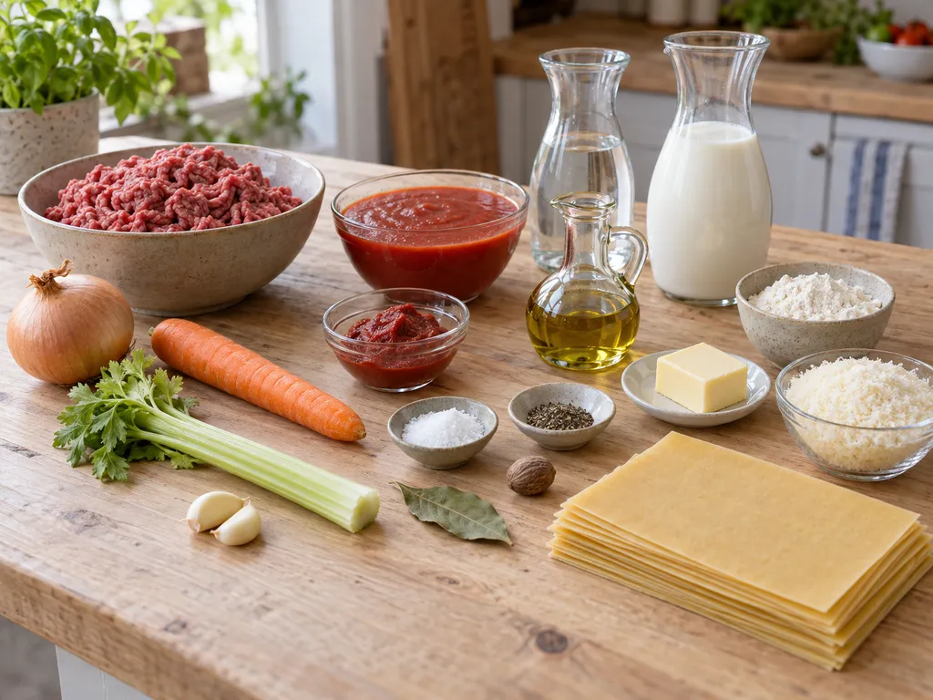 Hackfleisch, Gemüse, Tomaten, Milch, Butter, Mehl, Lasagneplatten und Parmesan