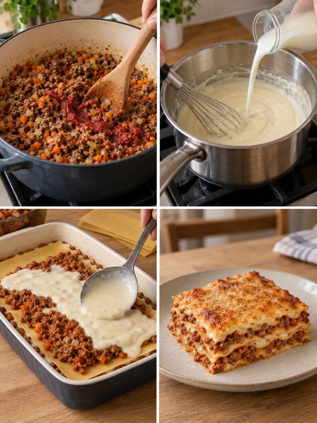 Anbraten, Béchamelrühren und Schichten einer Lasagne sowie ein fertig gebackenes Stück
