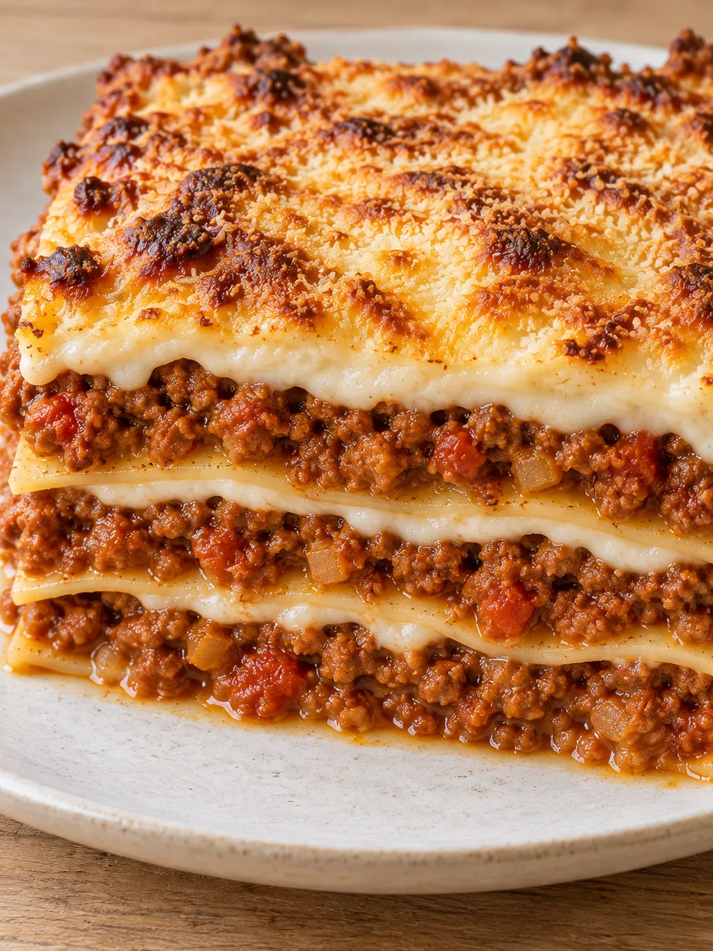 Lasagnestück mit saftiger Bolognese, cremiger Béchamel und gebräuntem Parmesan