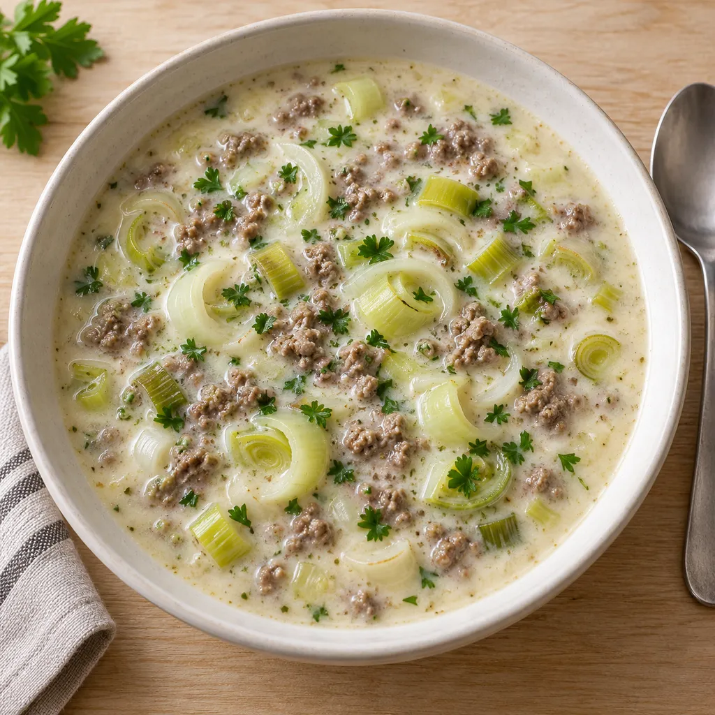 Cremige Lauchsuppe mit Rinderhack, hellgrünen Lauchringen und Petersilie