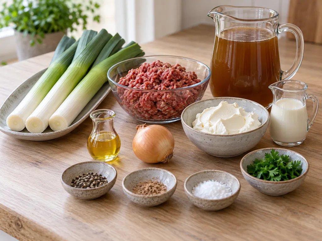 Lauch, Rinderhack, Frischkäse, Sahne und weitere Zutaten für die Lauchsuppe