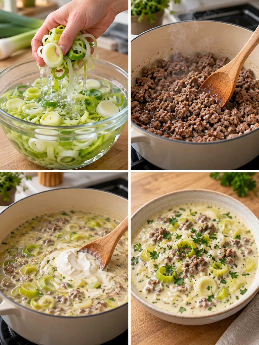 Lauch waschen, Rinderhack anbraten, Frischkäse einrühren und fertige Lauchsuppe