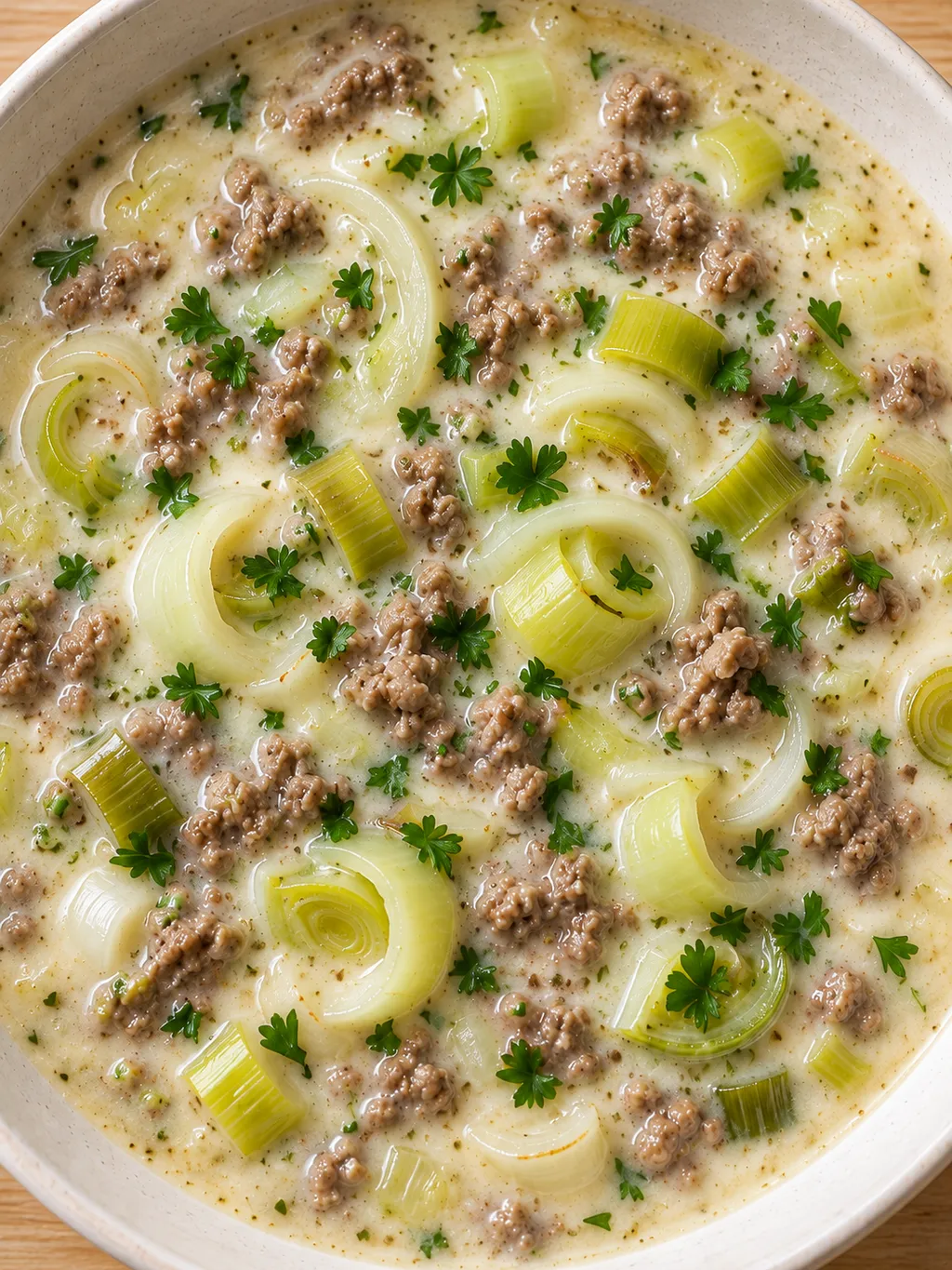 Lauchsuppe mit Hackfleisch, Frischkäse und Petersilie in einer hellen Schale