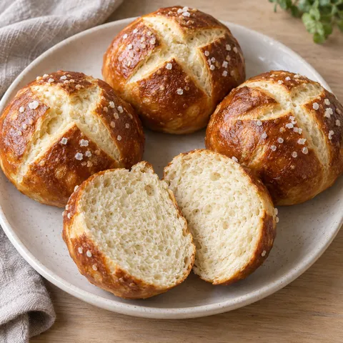 Laugenbrötchen mit grobem Salz, hellen Kreuzschnitten und weicher Krume