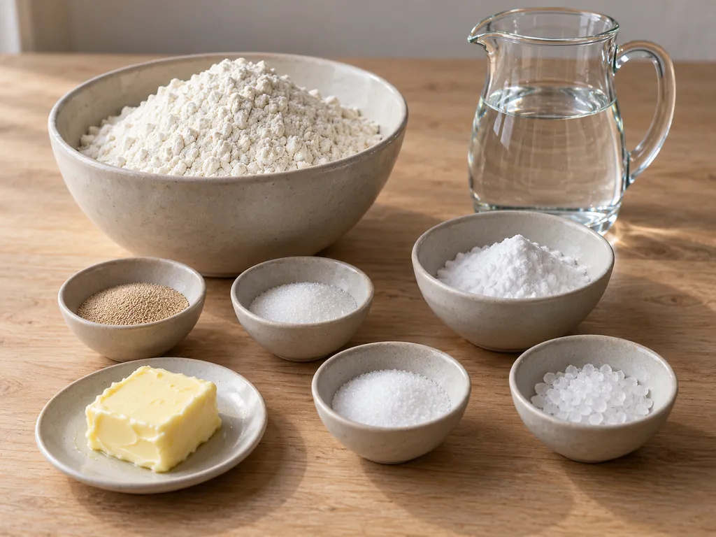 Mehl, Hefe, Zucker, Butter, Wasser, feines Salz, Speisenatron und grobes Brezelsalz