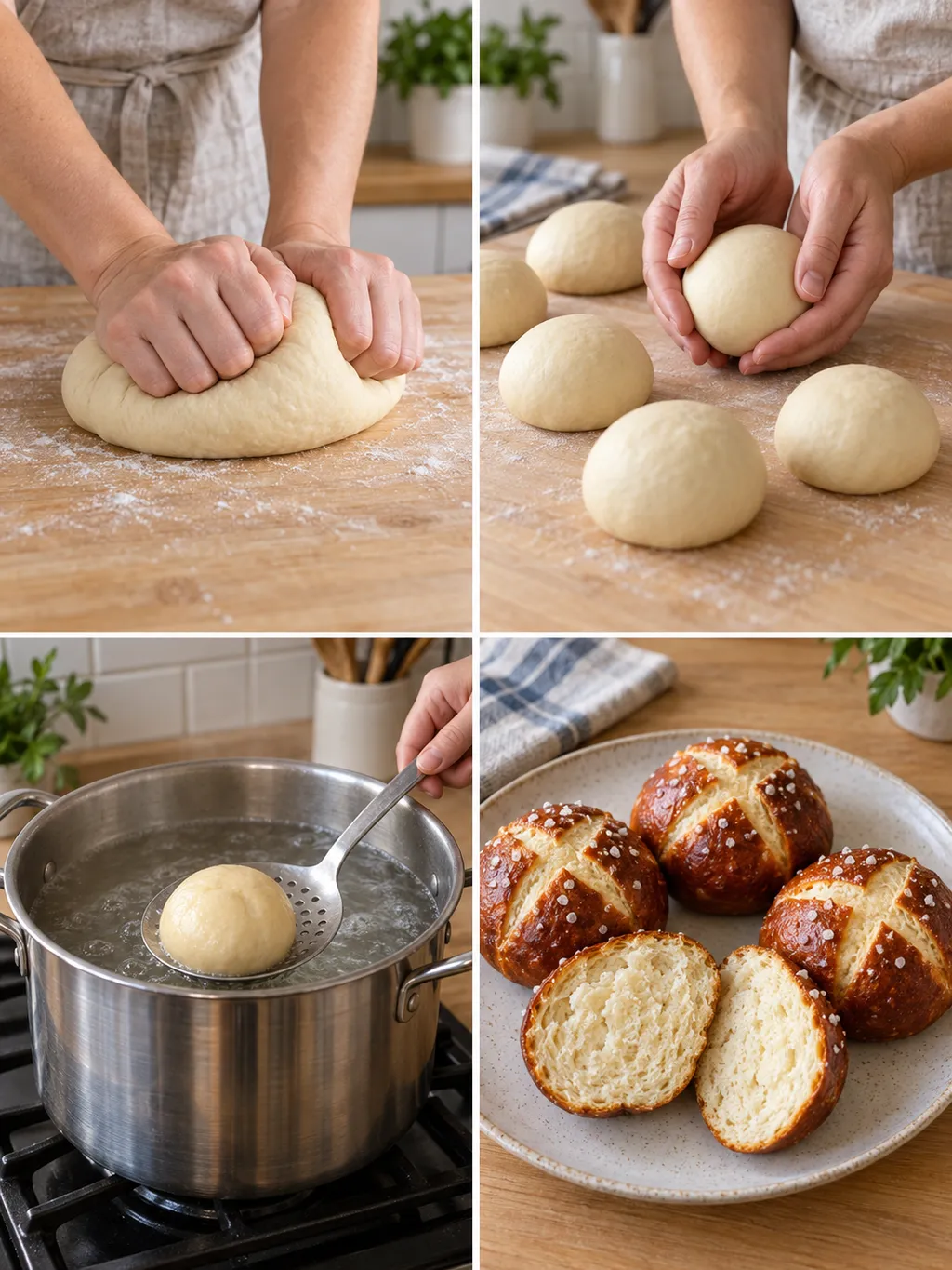 Laugenbrötchen beim Kneten, Formen und Natronbad sowie fertig gebacken auf dem Teller