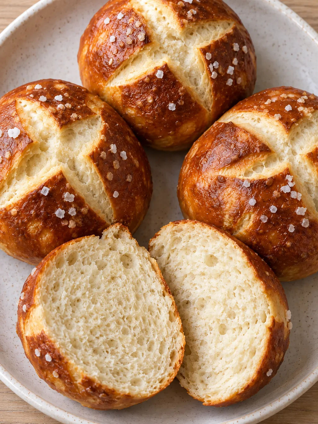 Braune Laugenbrötchen mit grobem Salz und aufgeschnittener feinporiger Krume