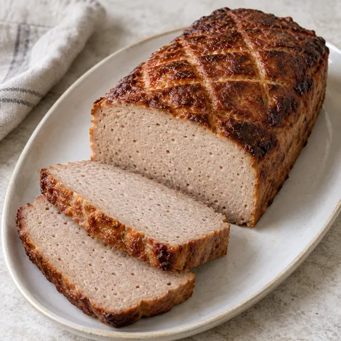 Leberkäse mit brauner Kruste und zwei dicken Scheiben mit graubeigem Anschnitt