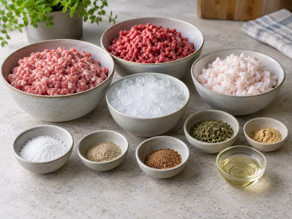 Schweinefleisch, Rindfleisch, Rückenspeck, Eis und Gewürze für selbst gemachten Leberkäse