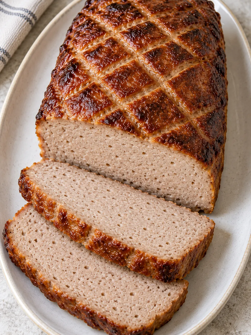 Leberkäse mit kräftig brauner Kruste und saftigen graubeigen Scheiben auf heller Platte