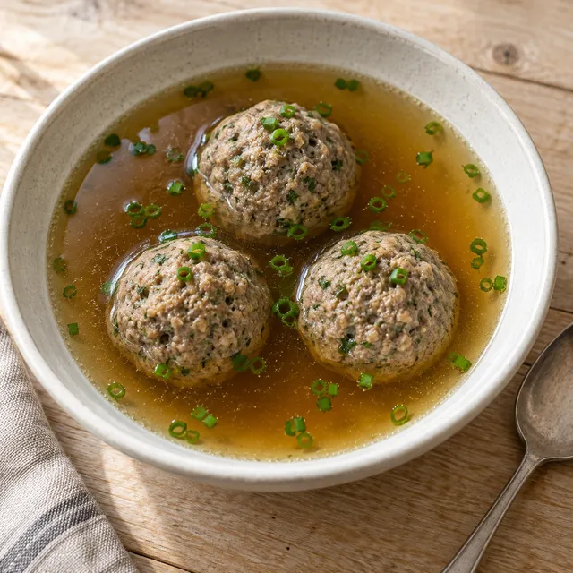 Leberknödelsuppe mit drei kleinen Knödeln und Schnittlauch in klarer Rinderbrühe