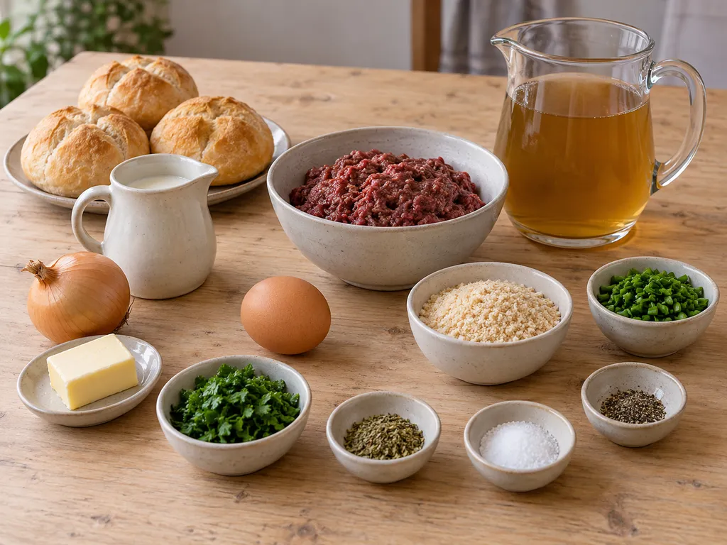 Rinderleber, Brötchen, Milch, Ei, Zwiebel, Kräuter und Brühe für Leberknödelsuppe