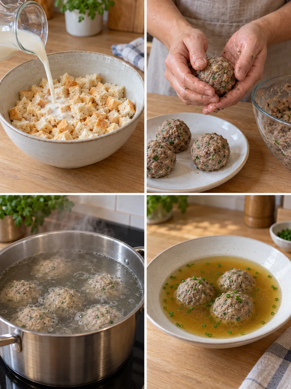 Brötchen einweichen, Leberknödel formen und garen sowie die fertige Suppe mit Schnittlauch