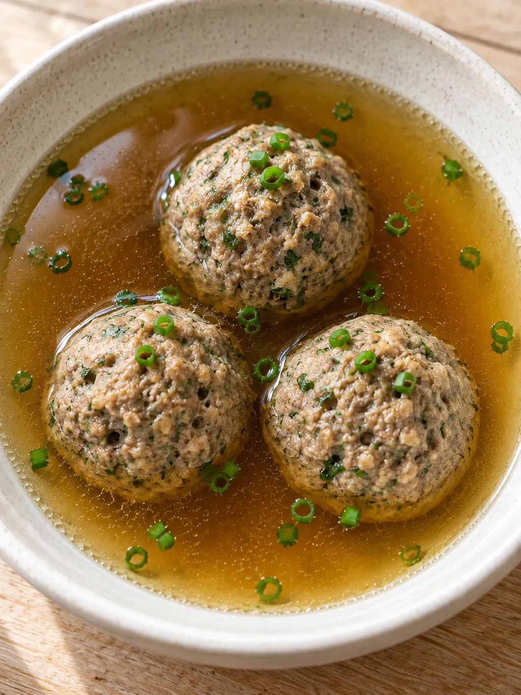 Drei würzige Leberknödel in goldbrauner Rinderbrühe mit frischem Schnittlauch