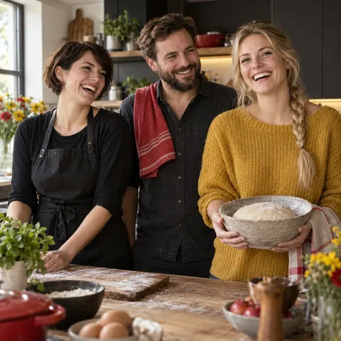 Die Leckerkniff-Crew: Lena, Jonas und Anni in der Küche