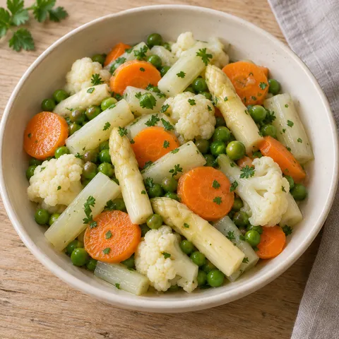 Leipziger Allerlei mit Möhren, Erbsen, weißem Spargel und Petersilie in Butter