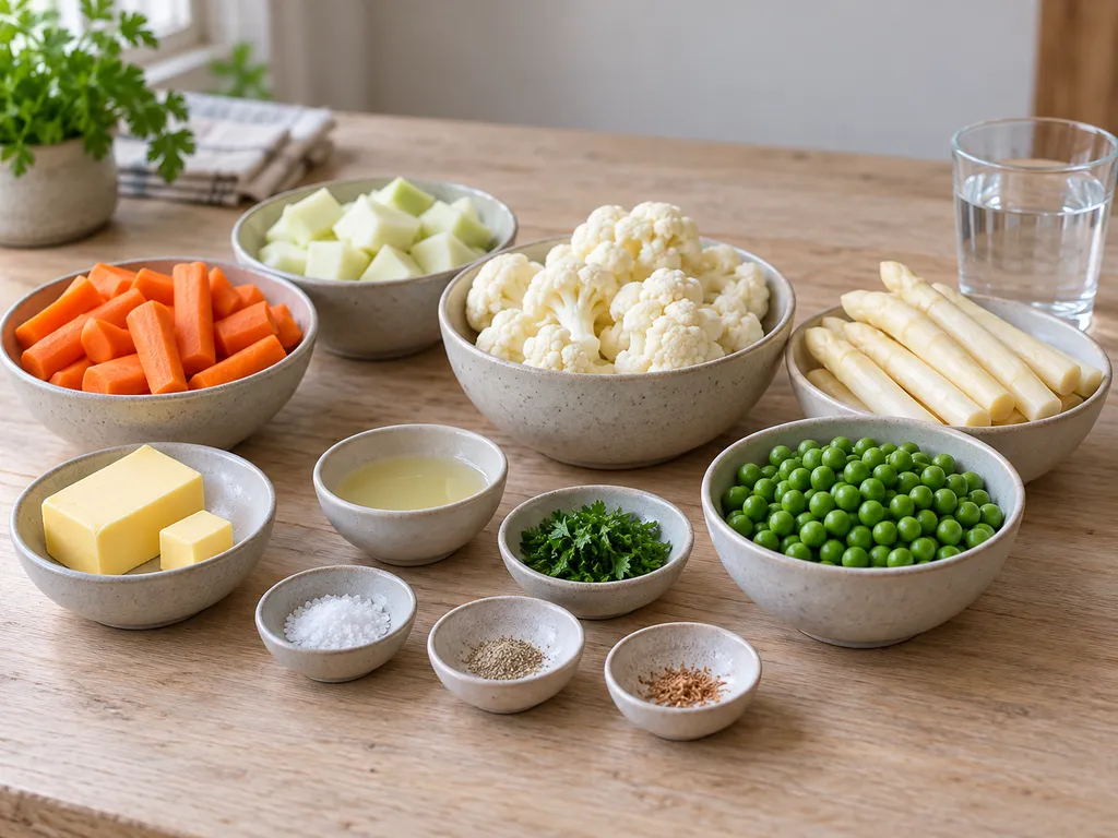 Möhren, Kohlrabi, Blumenkohl, weißer Spargel, Erbsen und Butter für Leipziger Allerlei