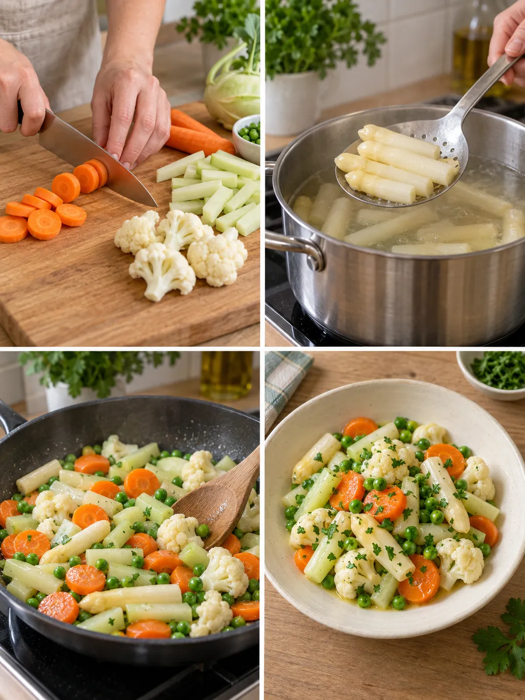Gemüse schneiden, Spargel garen, in Butter schwenken und fertiges Leipziger Allerlei servieren