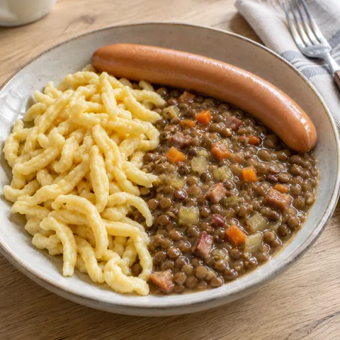 Linsen mit Gemüse und Speck neben gelben Spätzle und einem Saitenwürstle