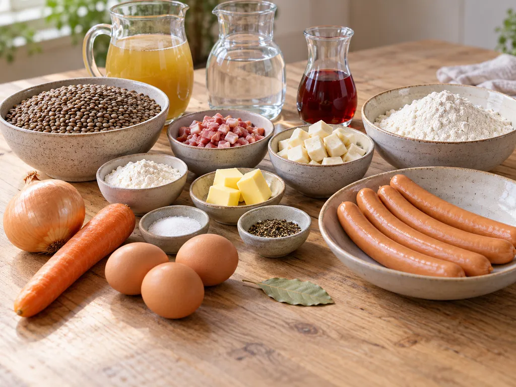 Braune Linsen, Gemüse, Speck, Mehl, drei Eier und vier Saitenwürstle für das Gericht