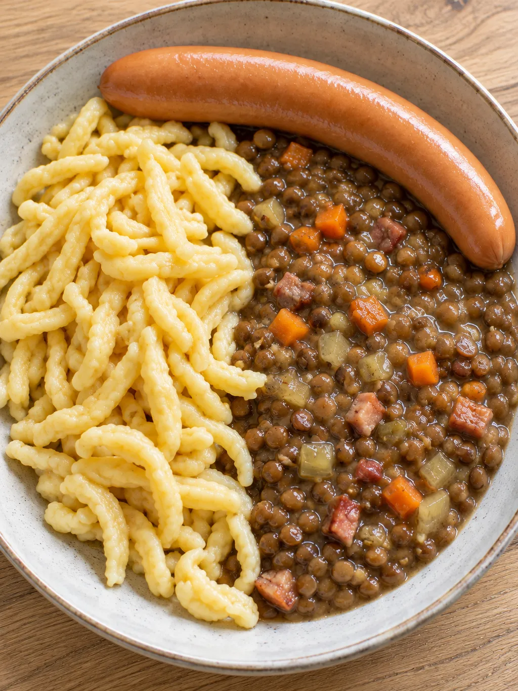 Sämige braune Linsen mit Speck, längliche Spätzle und ein heißes Saitenwürstle