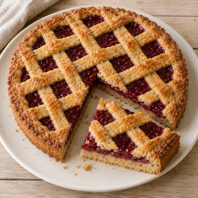 Linzer Torte mit goldbraunem Teiggitter und roter Himbeerkonfitüre
