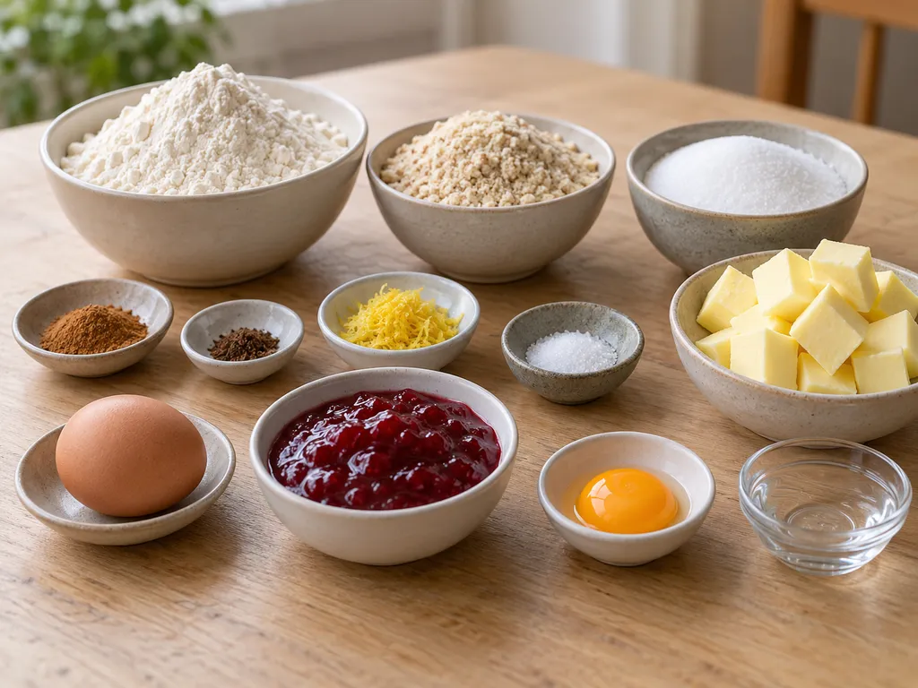 Mehl, Mandeln, Butter, Ei, Gewürze und Himbeerkonfitüre für Linzer Torte