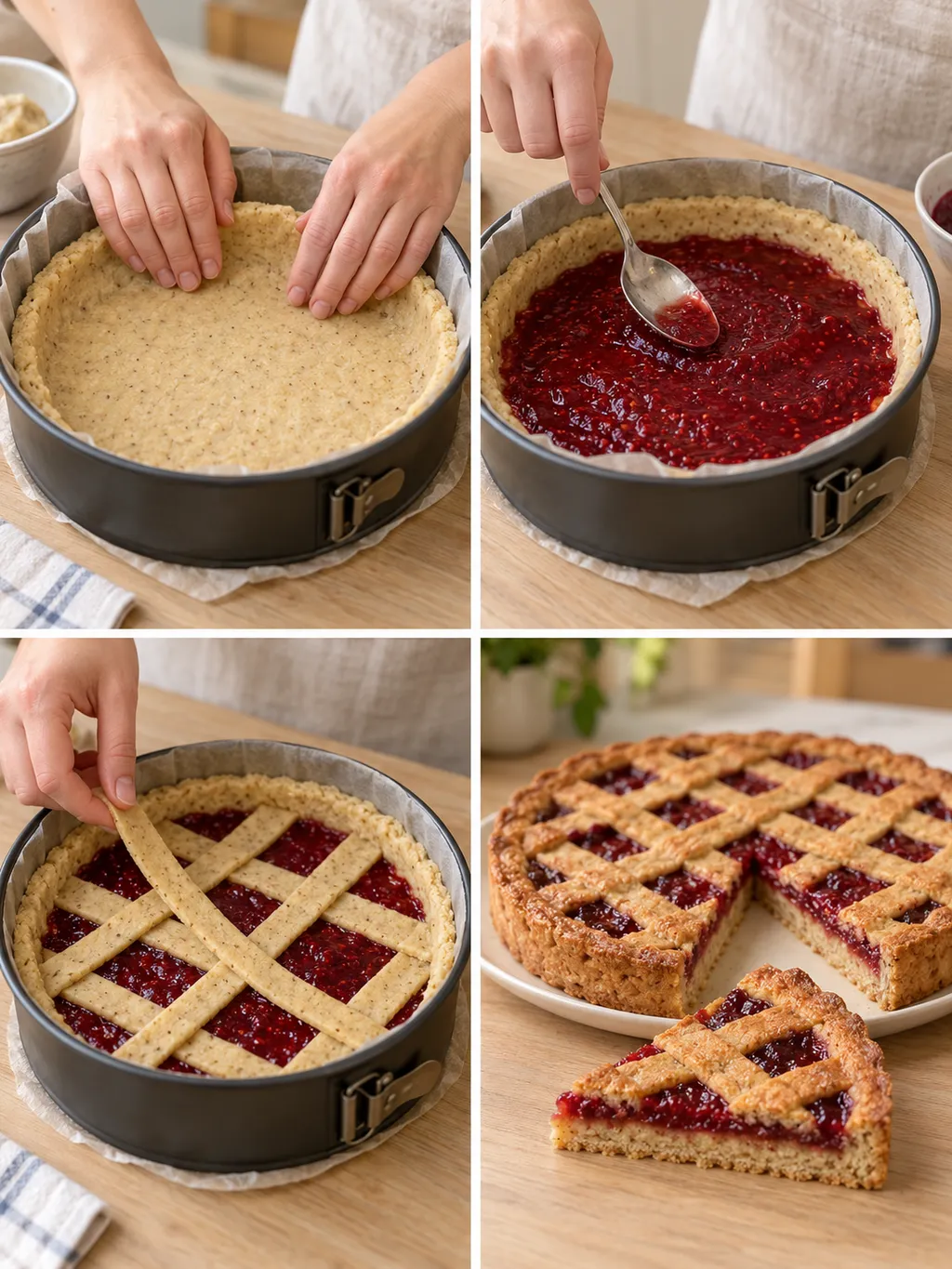 Mandelteig formen, Himbeerkonfitüre verteilen und das Gitter der Linzer Torte auflegen