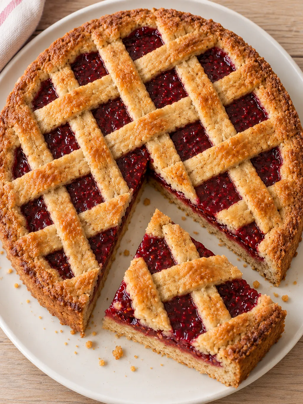 Linzer Torte mit Himbeerfüllung und angeschnittenem Stück auf einer hellen Platte