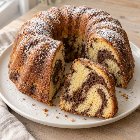 Marmorkuchen mit Puderzucker und sichtbaren Kakaobahnen im angeschnittenen Gugelhupf