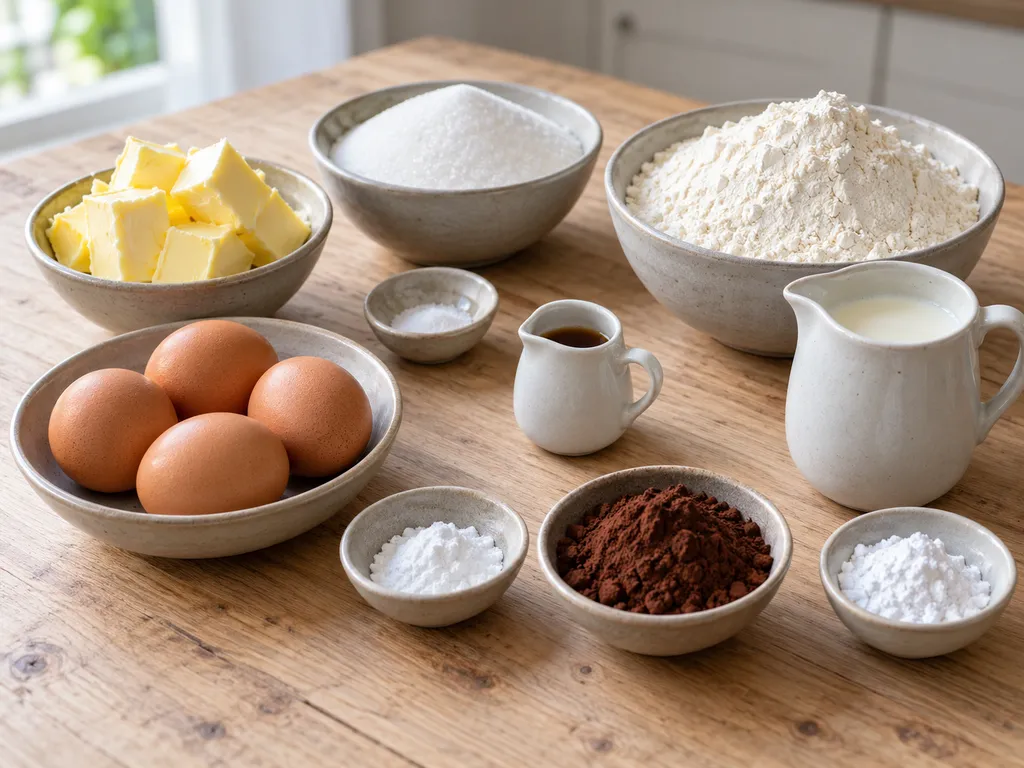 Butter, Zucker, Eier, Mehl, Milch, Vanille und Kakao für einen Marmorkuchen