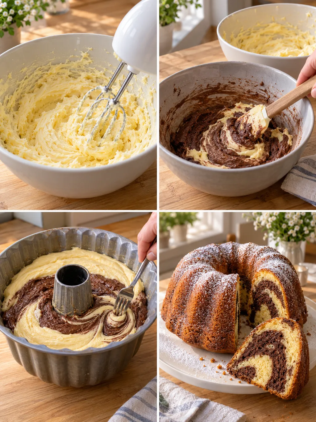 Butter aufschlagen, Kakaoteig mischen, Teig marmorieren und fertigen Marmorkuchen servieren