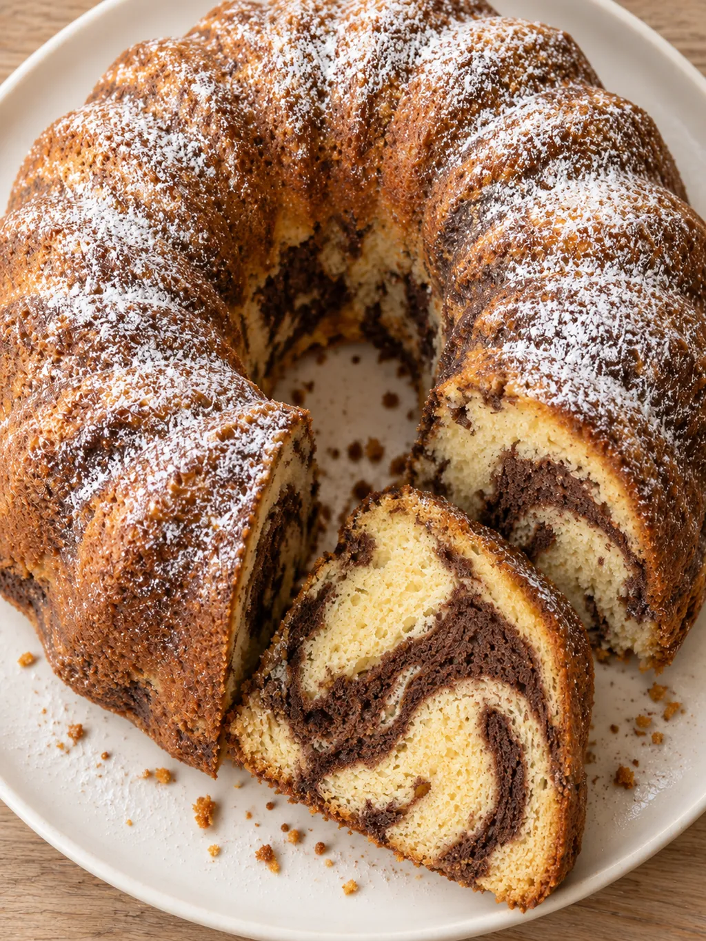 Marmorkuchen mit Puderzucker und einem Stück mit deutlicher Vanille-Kakao-Marmorierung