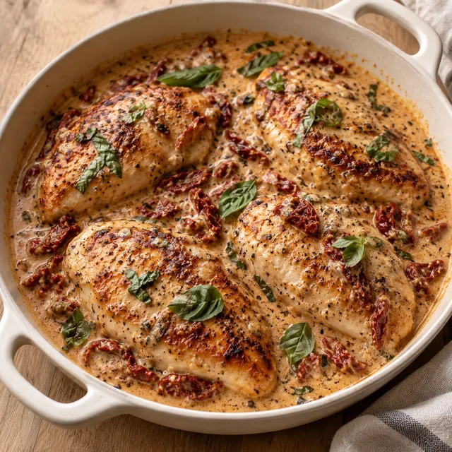 Marry Me Chicken in cremiger Parmesan-Tomaten-Soße mit frischem Basilikum