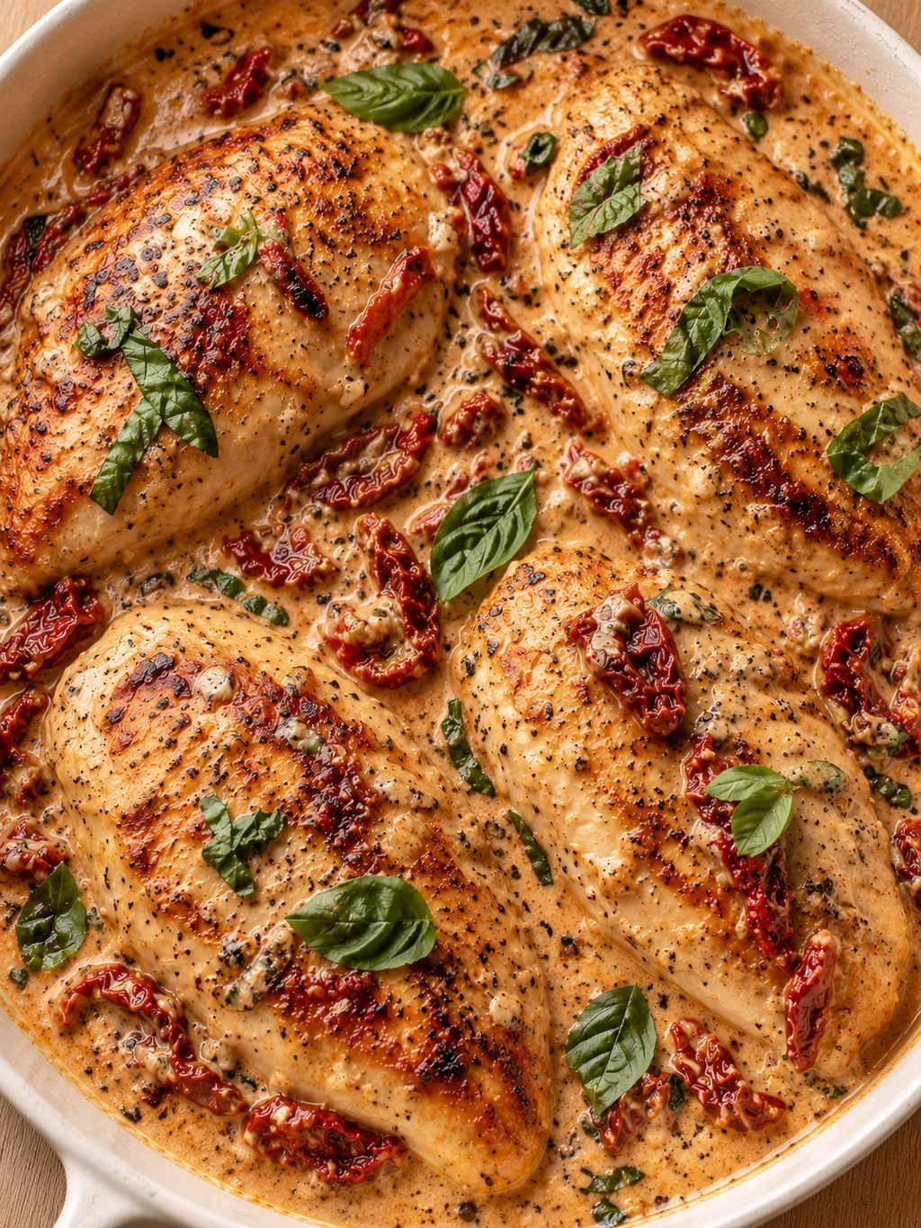 Goldbraune Hähnchenbrust in Parmesan-Tomaten-Soße mit Basilikum