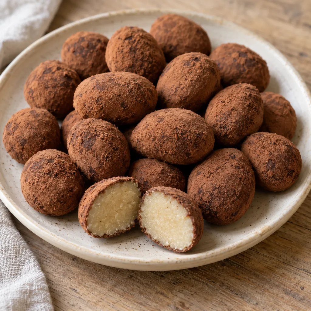 Marzipankartoffeln mit dünner Kakaohülle und einer halbierten Kugel auf einem Keramikteller