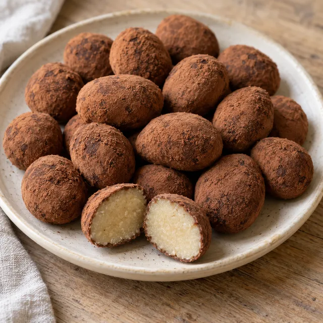 Marzipankartoffeln mit dünner Kakaohülle und einer halbierten Kugel auf einem Keramikteller