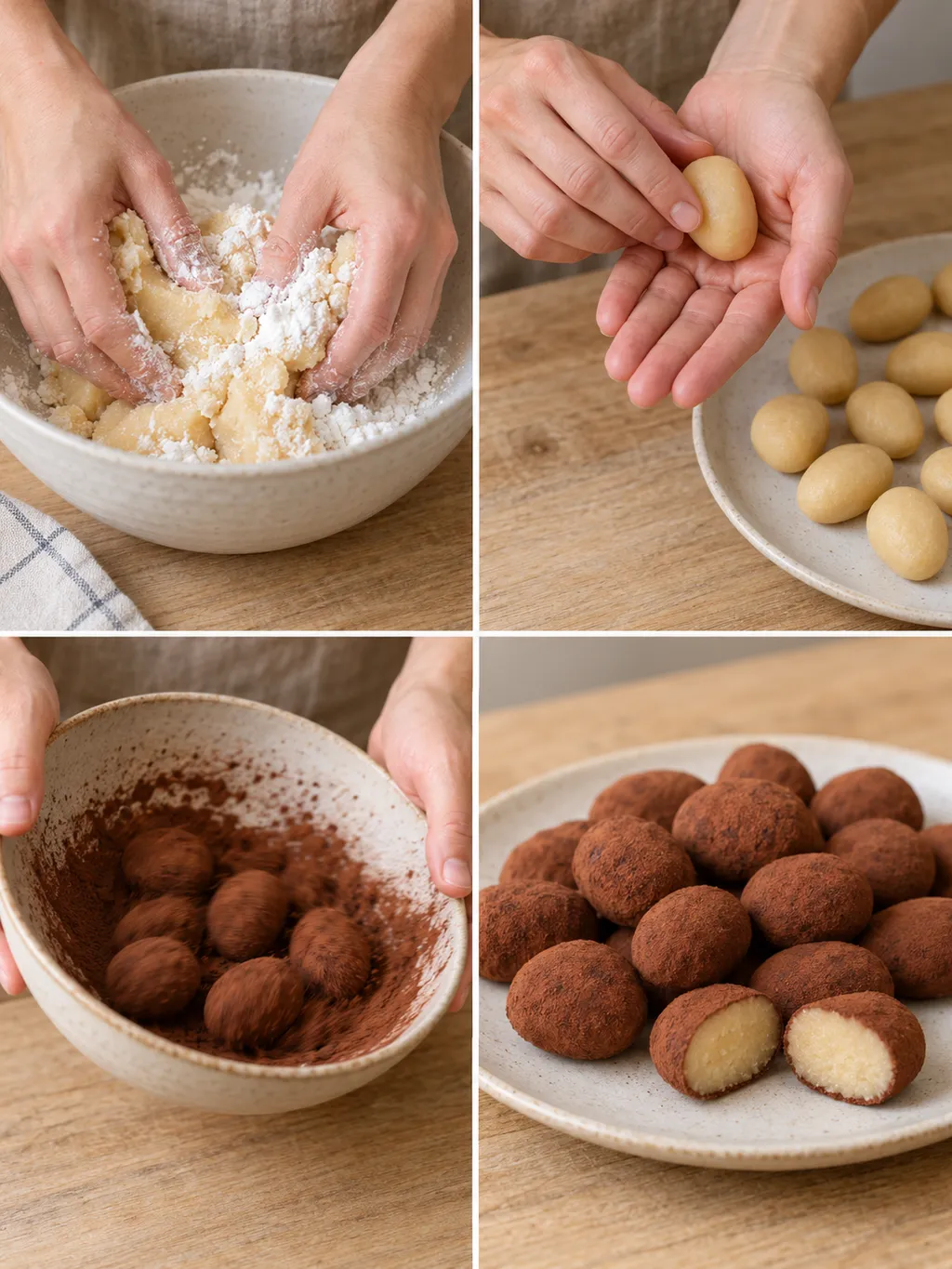 Marzipan kneten, Kugeln formen, in Kakao wälzen und fertige Marzipankartoffeln servieren