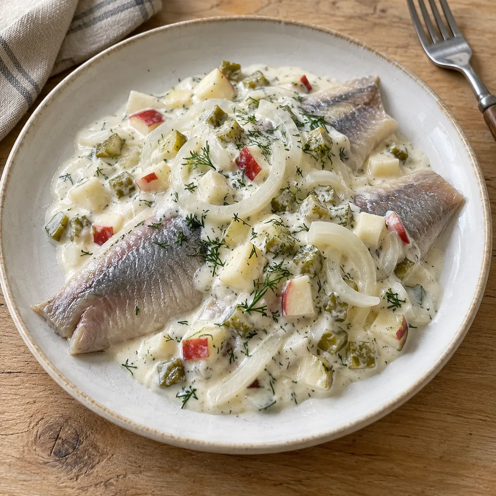 Matjesfilets mit cremiger Apfelsoße, Gurkenwürfeln, Zwiebel und Dill