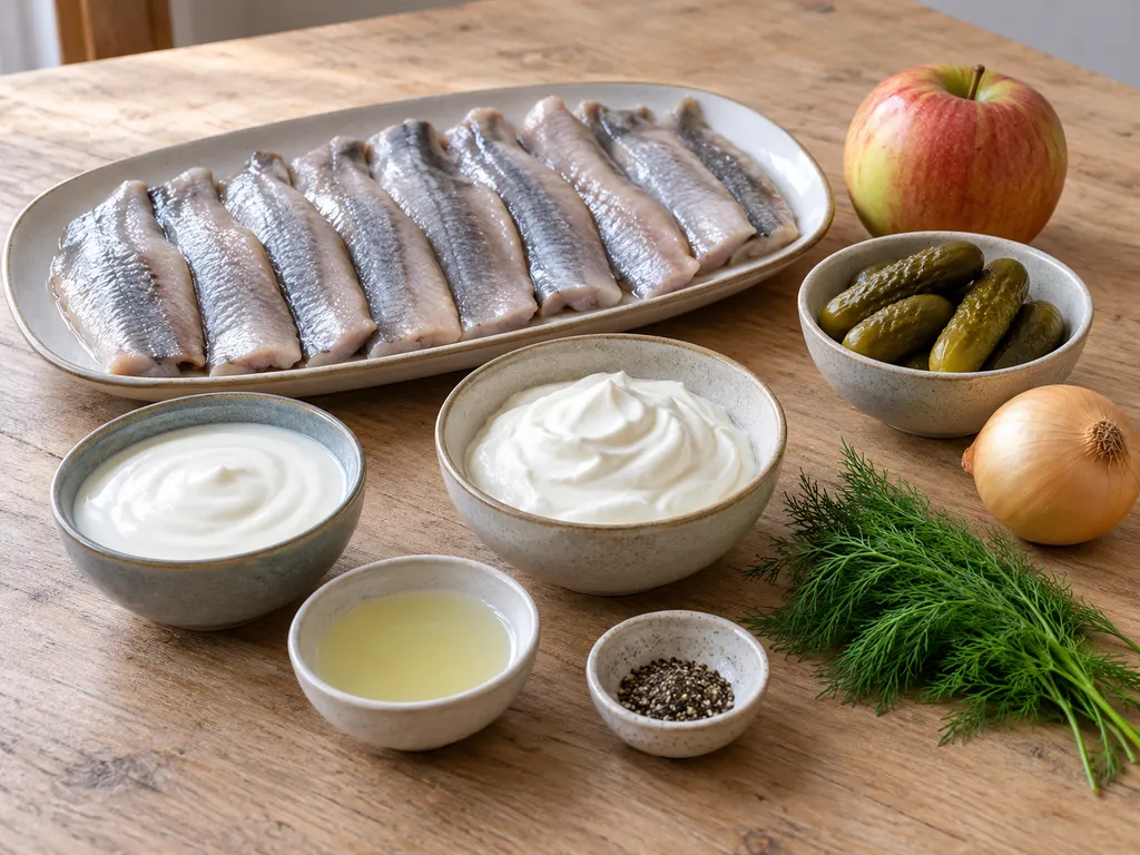 Matjesfilets, Apfel, Gurken, Zwiebel, Dill und Zutaten für die cremige Soße