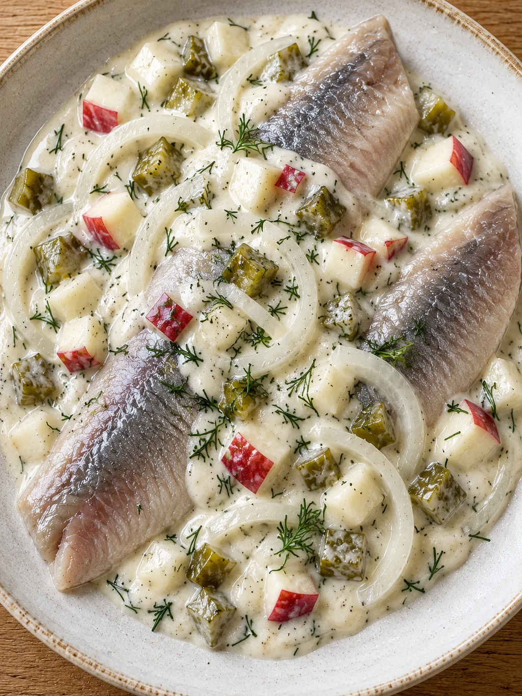 Matjes Hausfrauenart mit Apfelstückchen, Gewürzgurke und Dill in cremiger Soße