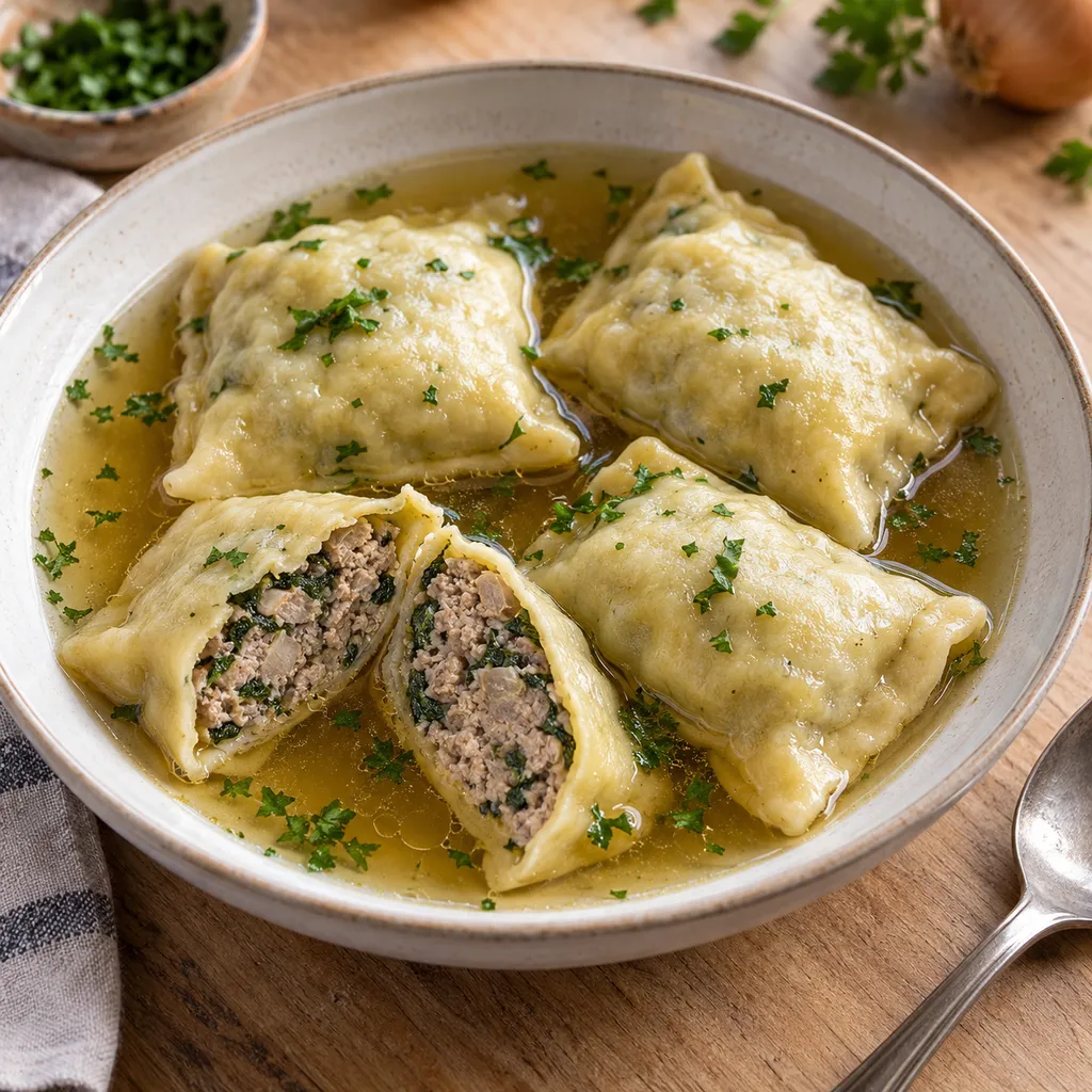 Maultaschen in klarer Brühe mit Petersilie und sichtbarer Fleisch-Spinat-Füllung